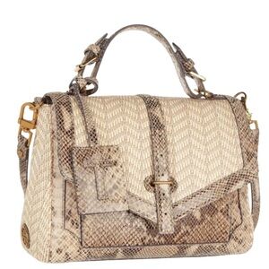 Tory Burch 797 Medium Raffia & Snake Print Satchel Bag Natural Color